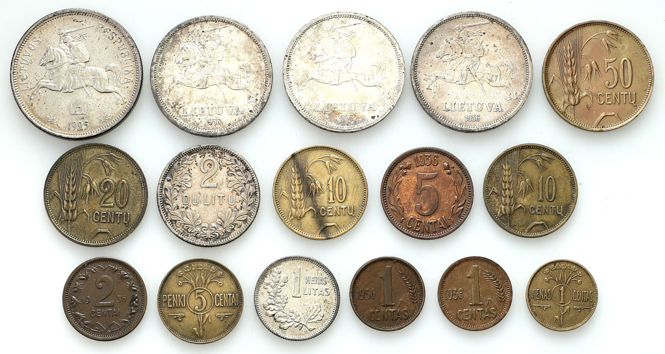 Litwa. 1 centas do 50 centu 1922, 1-5 lati 1925-1936, zestaw 16 monet